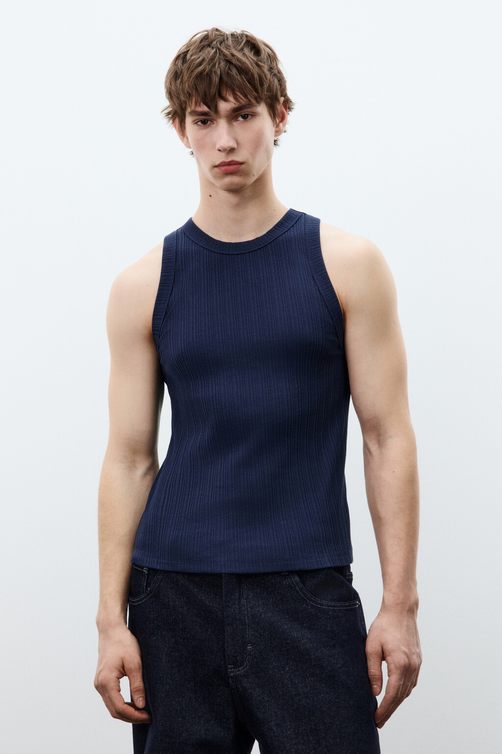 Майка-топ хлопковая приталенная в рубчик - цвет синий - 2