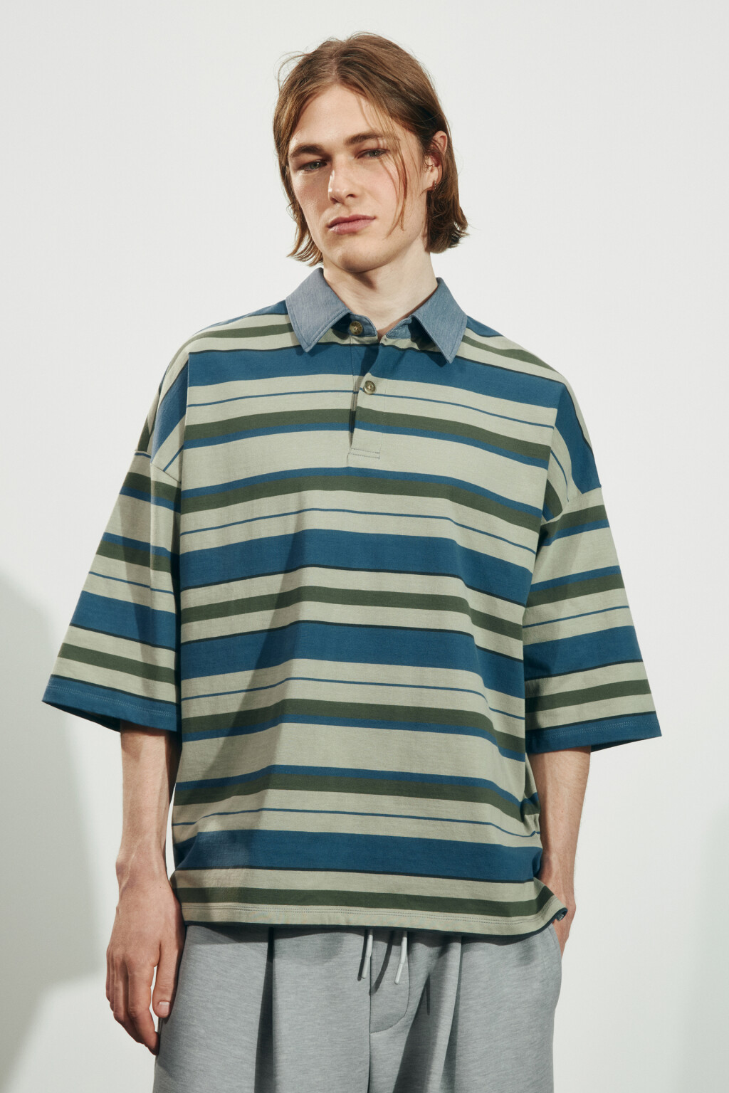 Футболка-поло оверсайз в полоску - цвет зеленый - 3