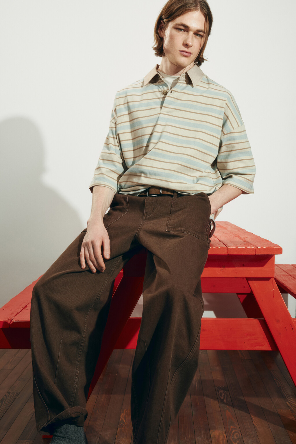 Футболка-поло оверсайз в полоску - цвет бежевый - 1