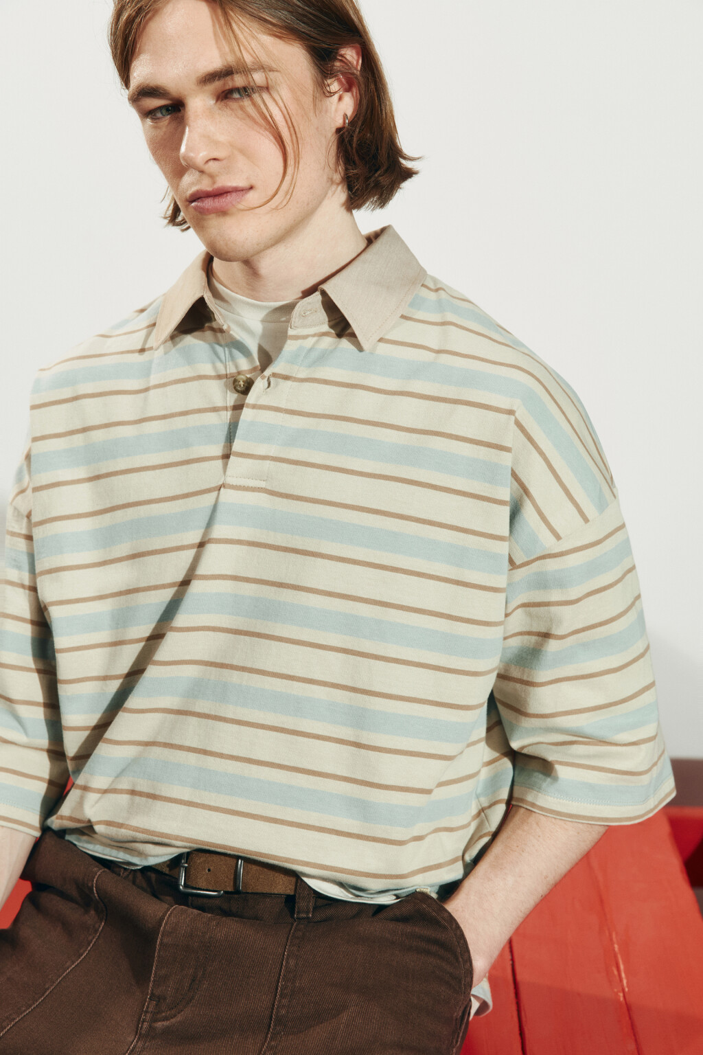 Футболка-поло оверсайз в полоску - цвет бежевый - 2