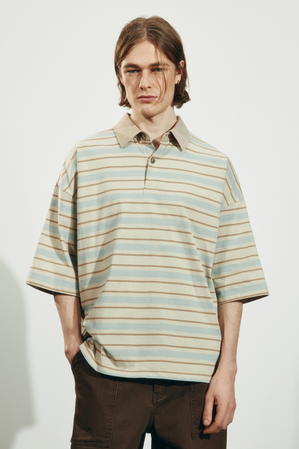 Футболка-поло оверсайз в полоску - цвет бежевый - 3