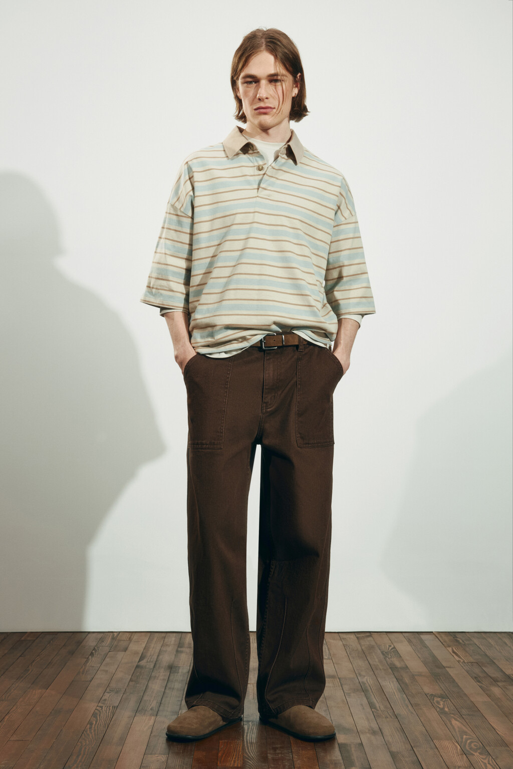 Футболка-поло оверсайз в полоску - цвет бежевый - 5