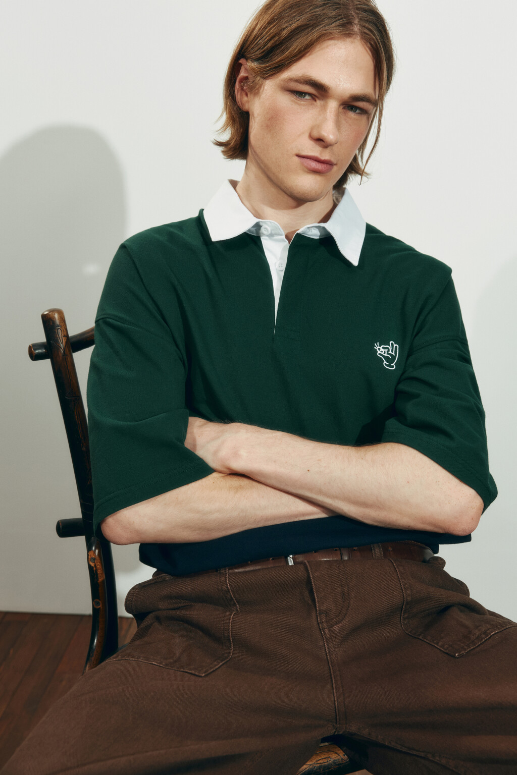 футболка-поло оверсайз с вышивкой и контрастным воротником - цвет зеленый - 1