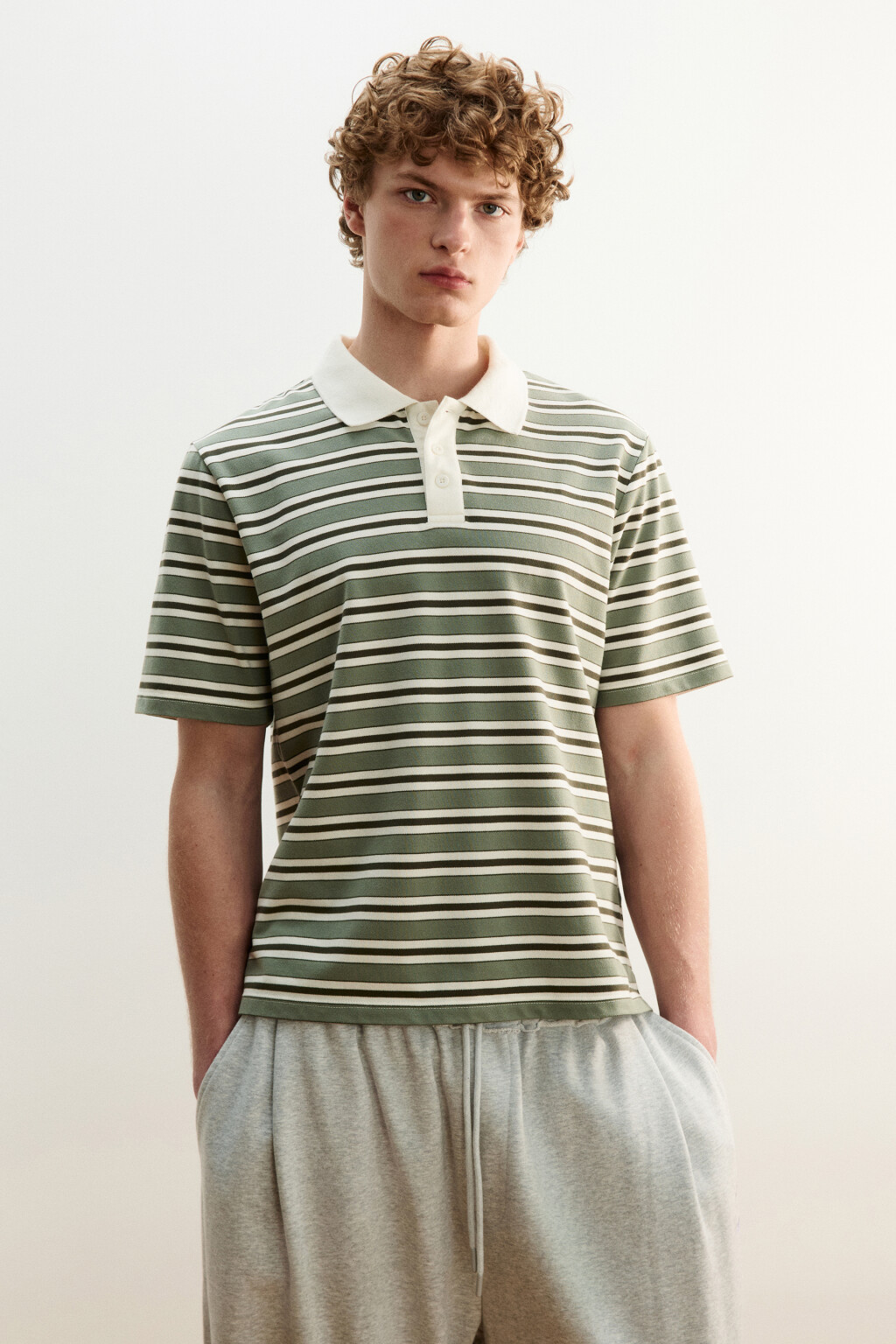 Футболка-поло полуприлегающая в полоску - цвет зеленый - 2