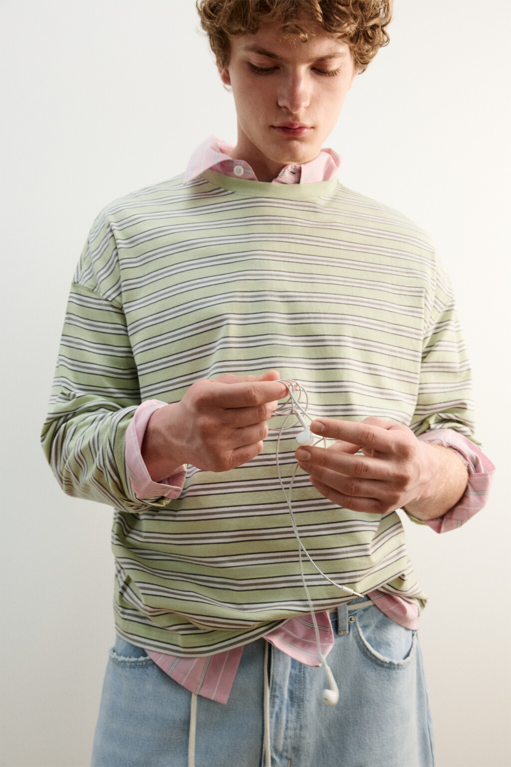 Лонгслив хлопковый прямой в полоску - цвет зеленый - 1