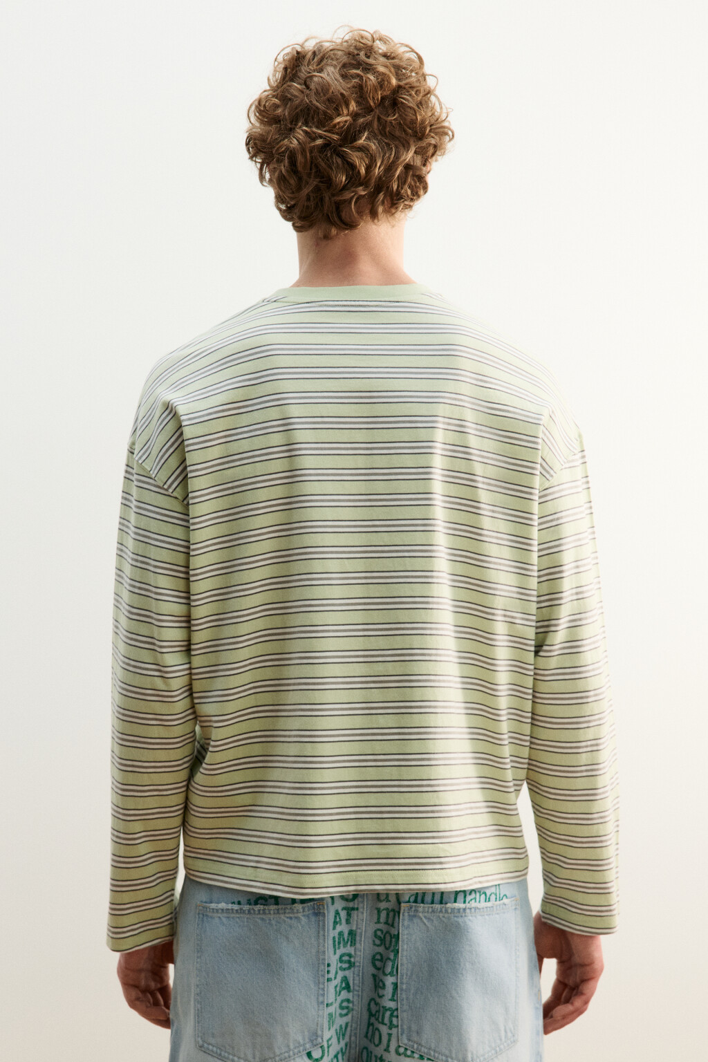 Лонгслив хлопковый прямой в полоску - цвет зеленый - 3