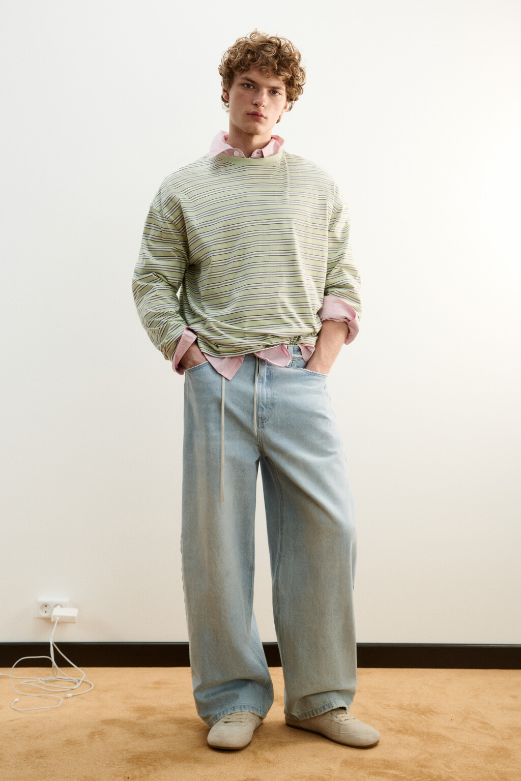 Лонгслив хлопковый прямой в полоску - цвет зеленый - 4