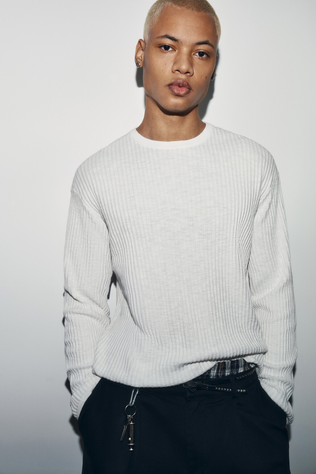 Лонгслив хлопковый вязаный прямой - цвет белый - 3