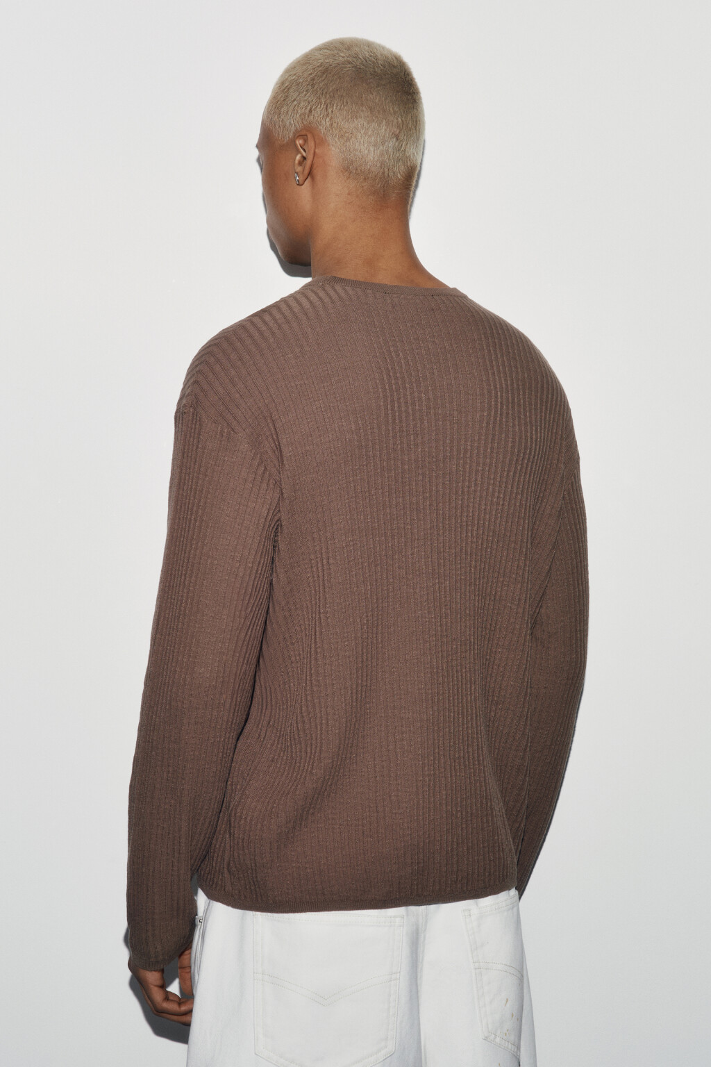 Лонгслив хлопковый вязаный прямой - цвет коричневый - 5