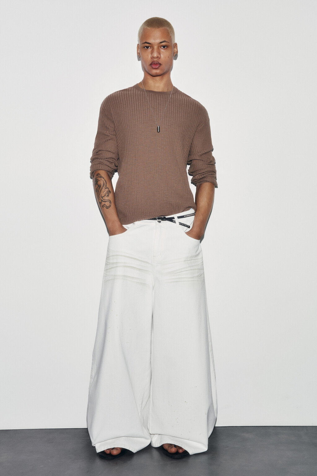 Лонгслив хлопковый вязаный прямой - цвет коричневый - 6