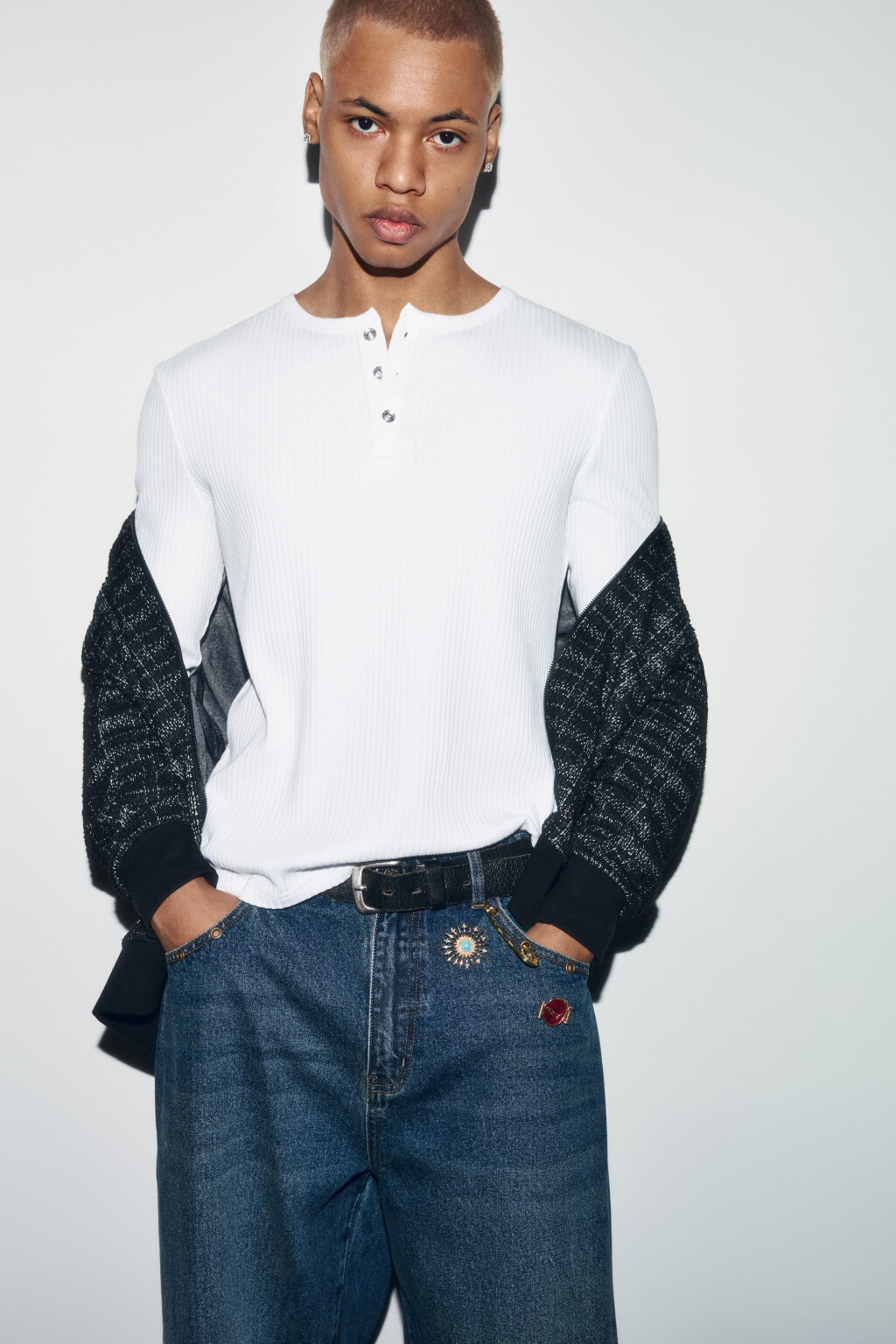 Лонгслив хенли облегающий в рубчик - цвет белый - 1