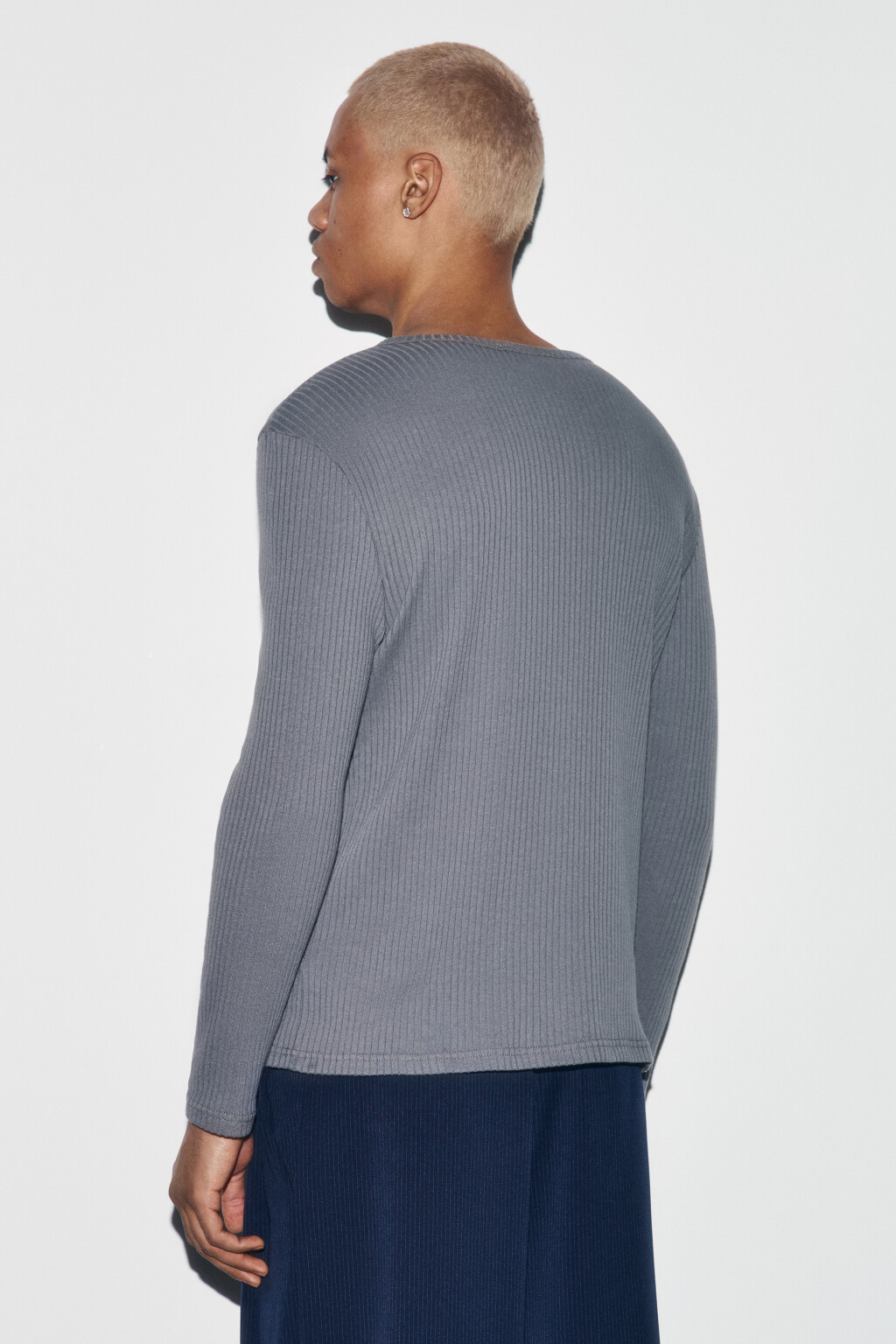 Лонгслив хенли облегающий в рубчик - цвет серый - 3