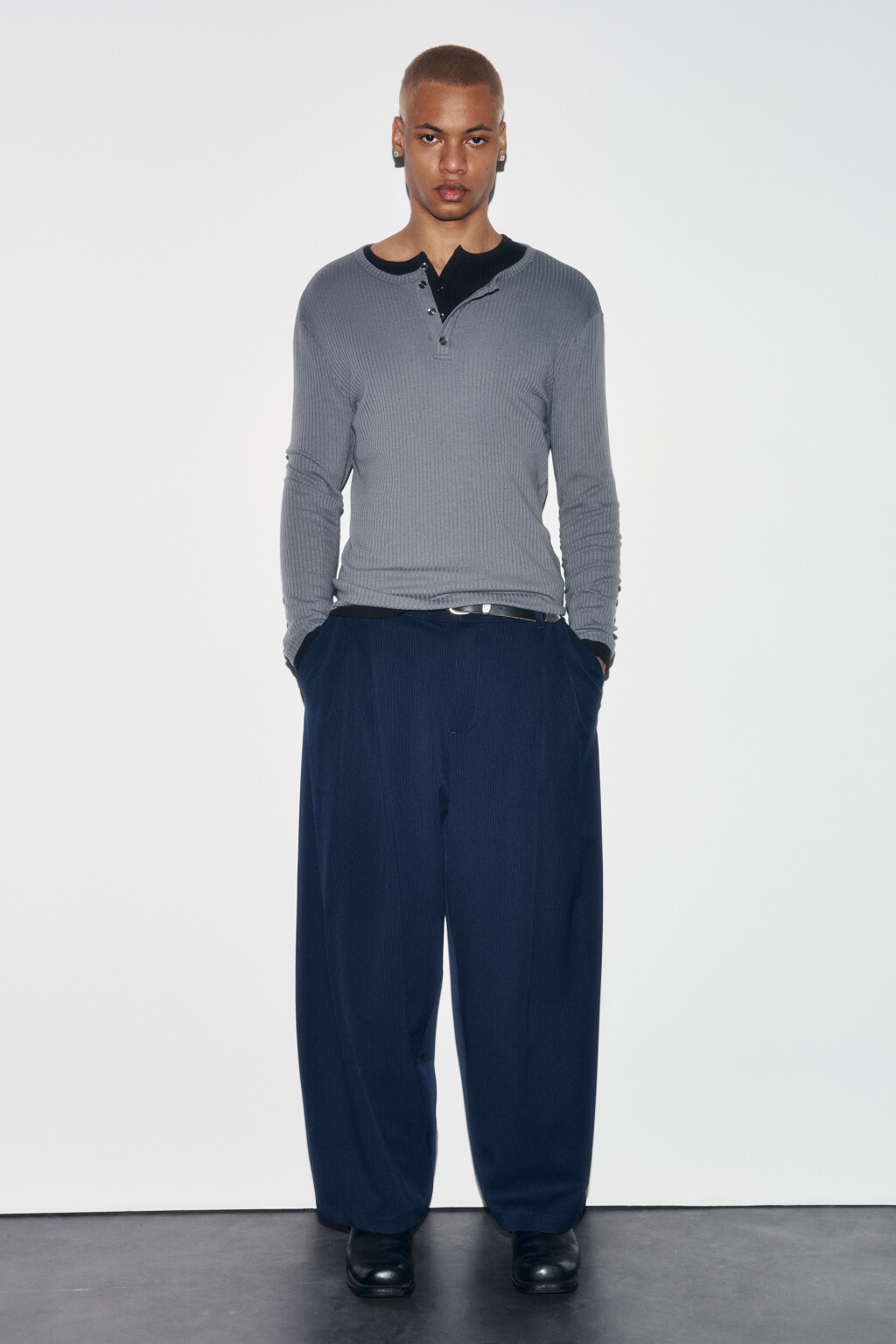 Лонгслив хенли облегающий в рубчик - цвет серый - 4