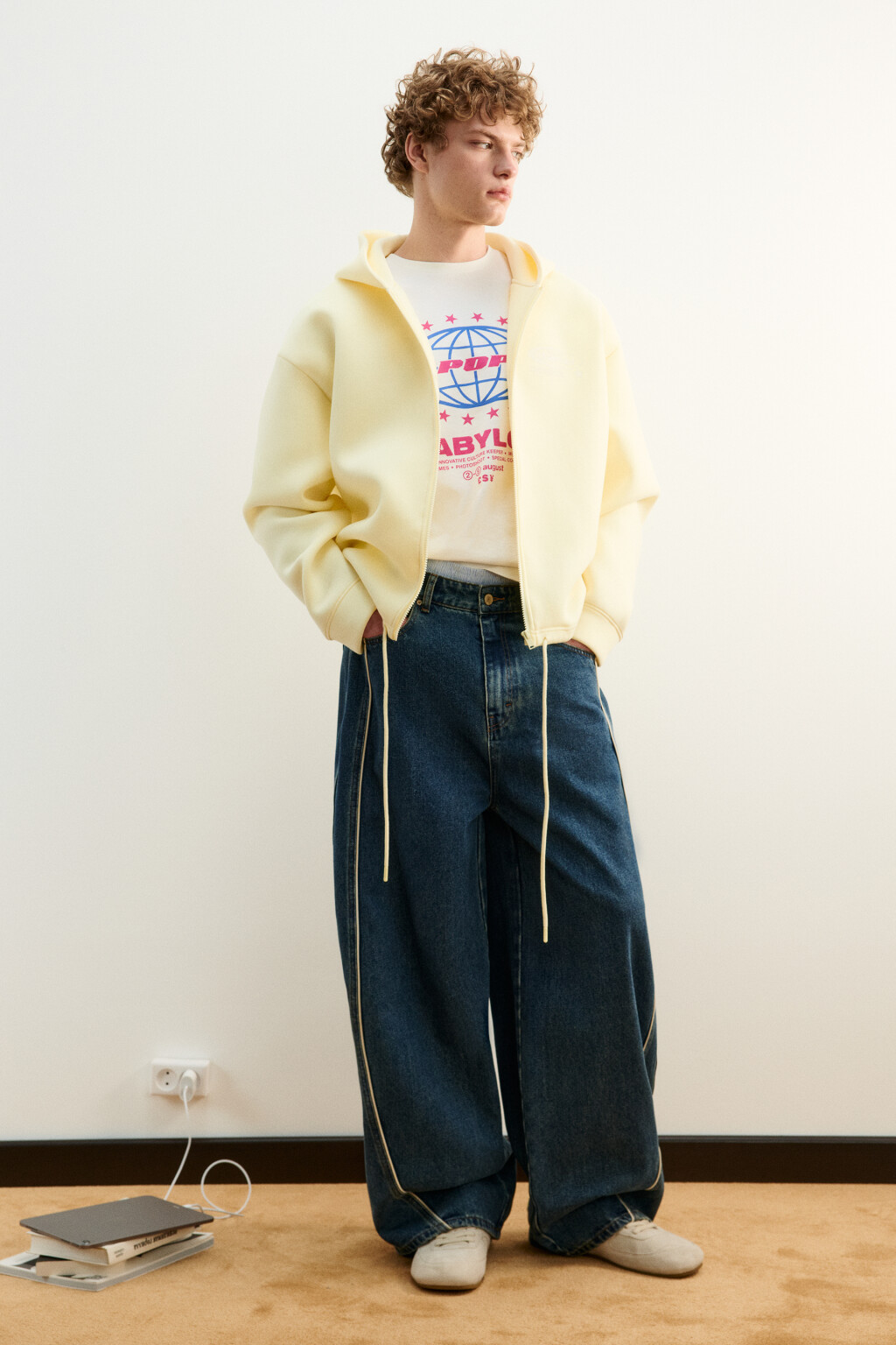 Худи на молнии из футера с принтом - цвет желтый - 5