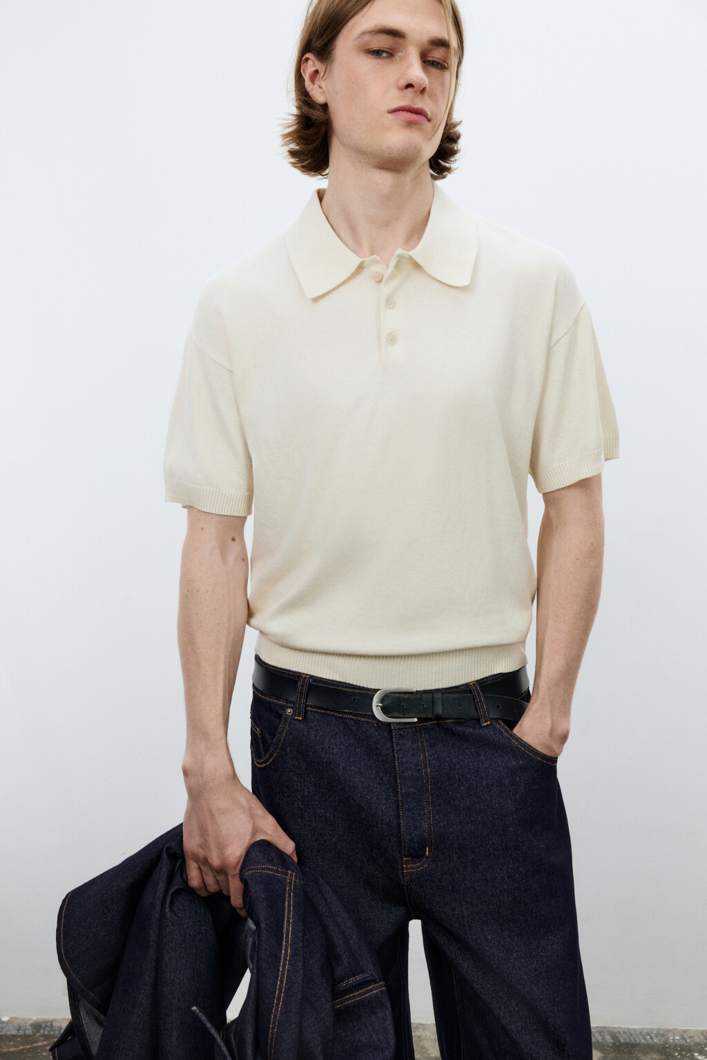 Футболка-поло вязаная на пуговицах - цвет бежевый - 1