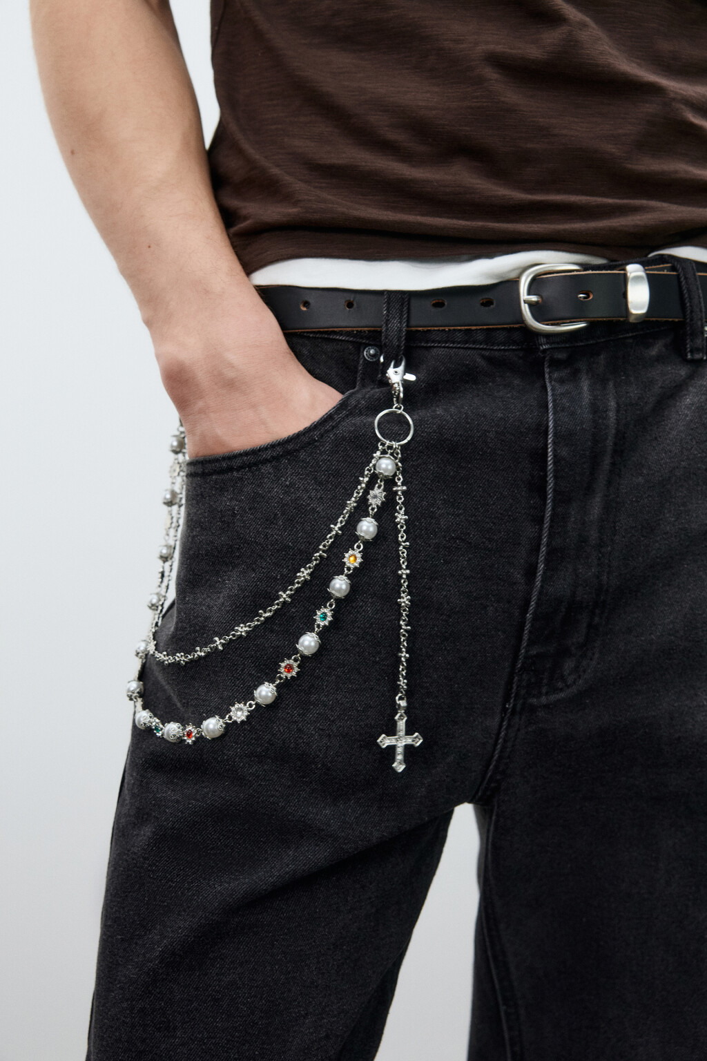 Цепочка-обвес на джинсы с крестом - цвет серый - 1