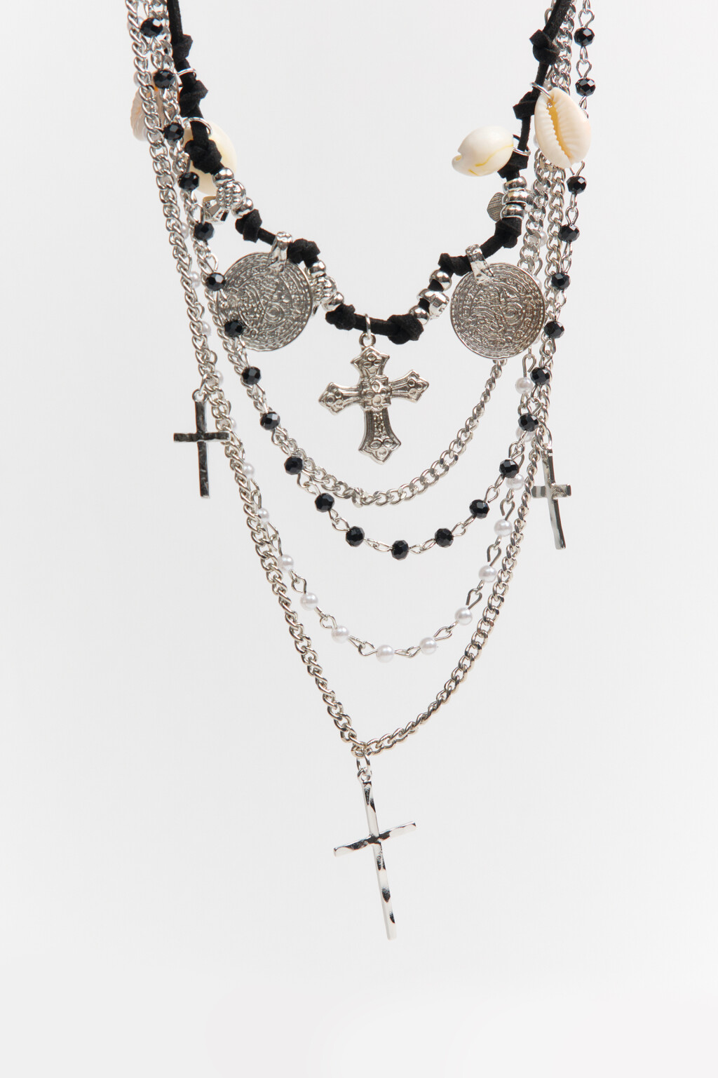 Колье многослойное с цепями и подвесками - цвет серый - 1
