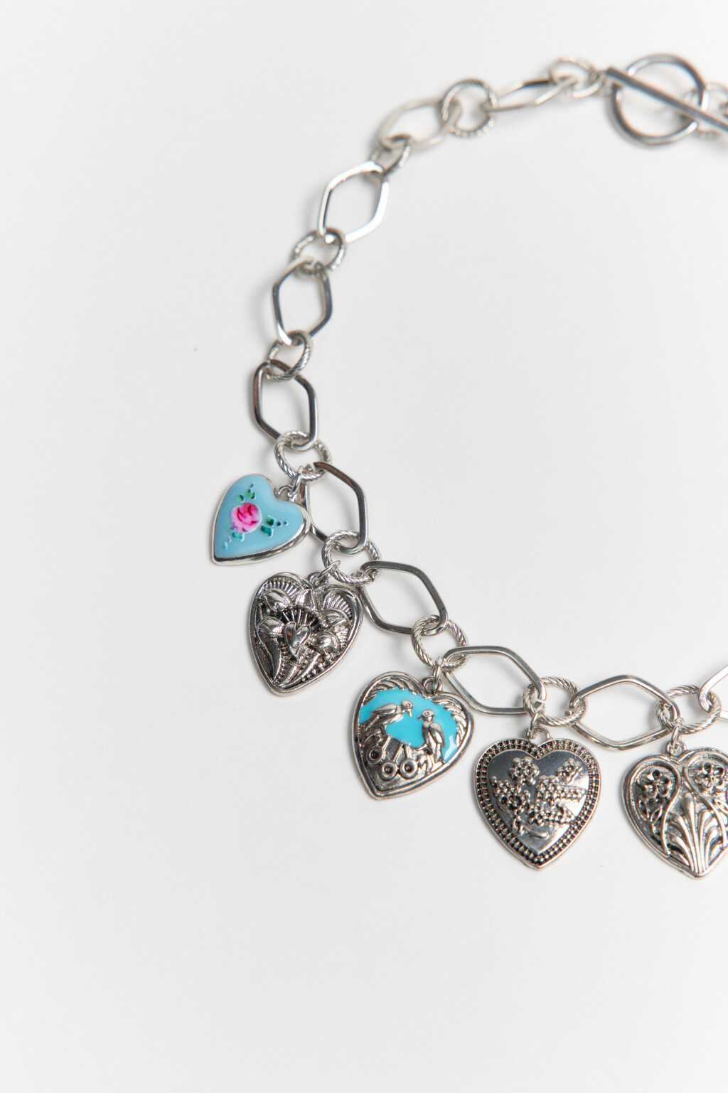 Кольце-цепь с подвесками-сердечками - цвет серый - 2