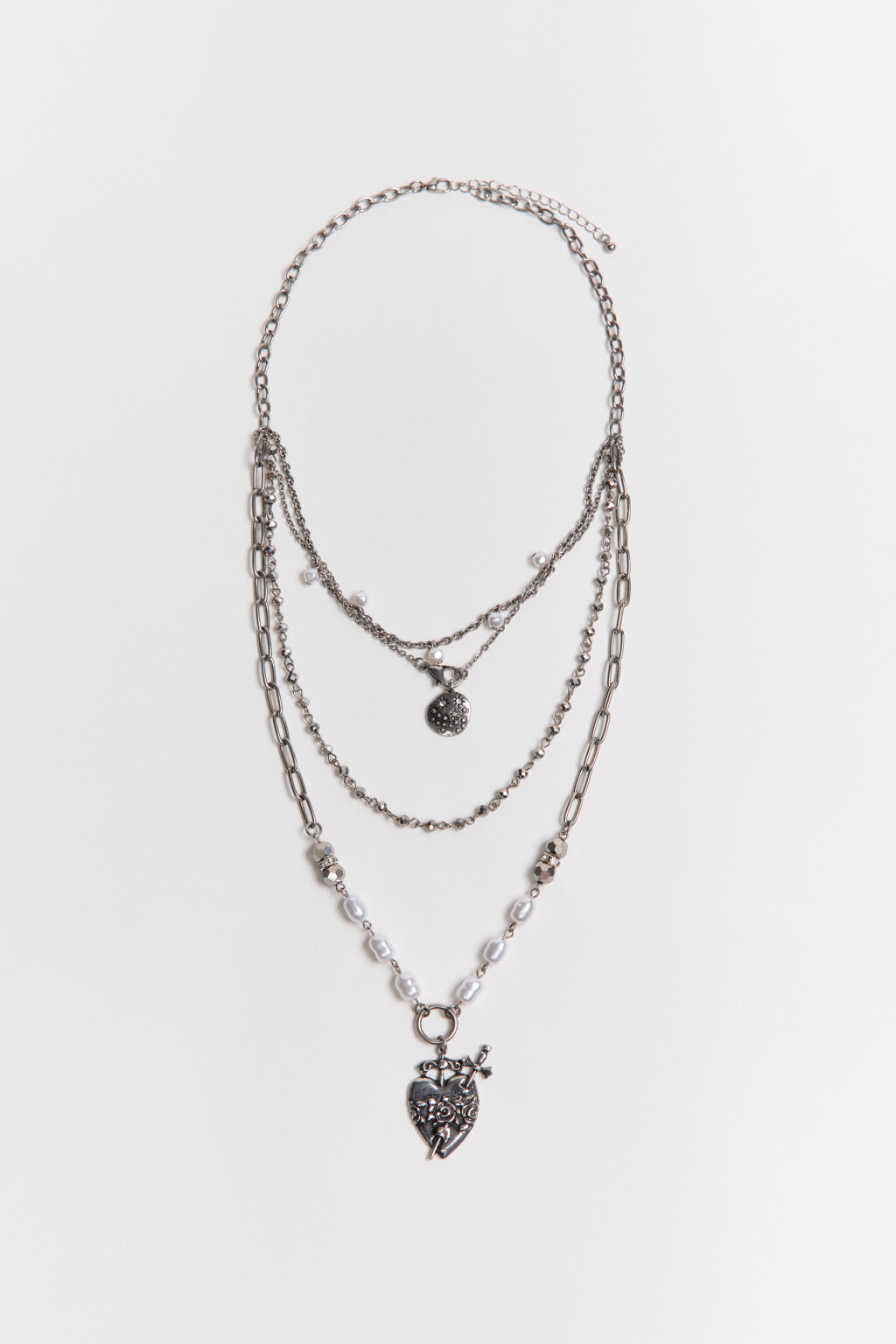 Кольце-цепочка многослойное с бусами и подвесками - цвет серый - 2