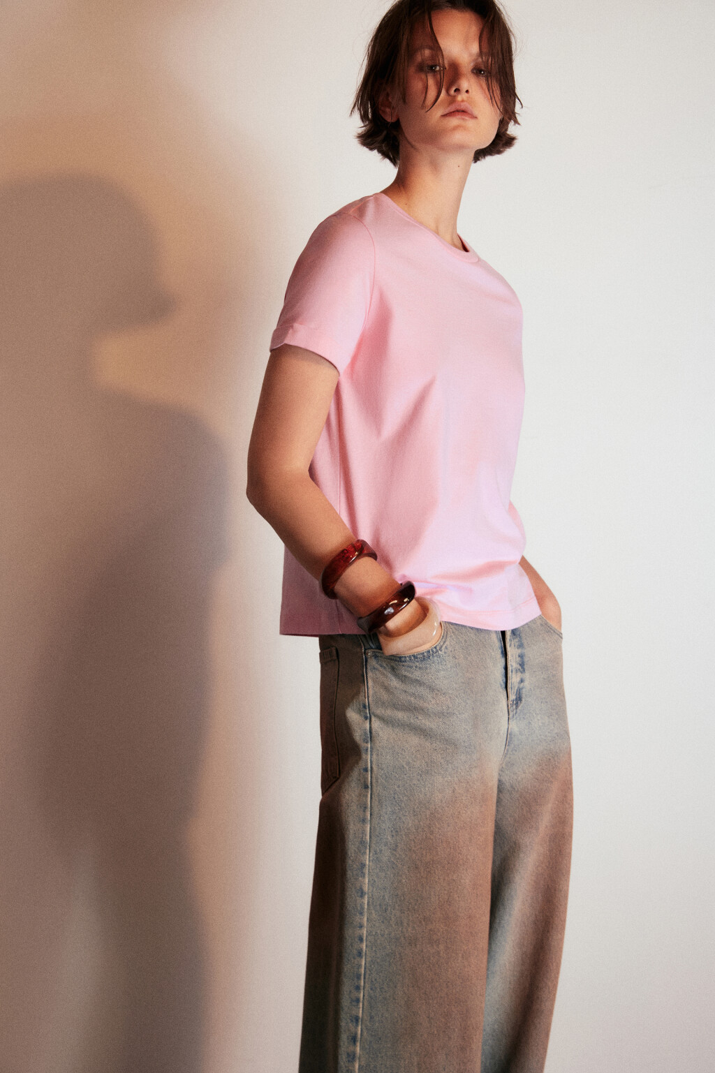 Футболка базовая с подвернутыми рукавами - цвет розовый - 1