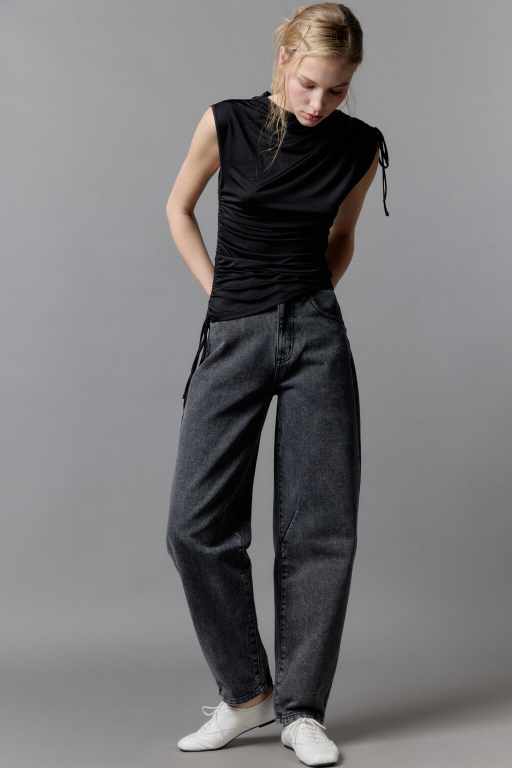 Джинсы-бананы широкие с высокой посадкой - цвет серый - 2