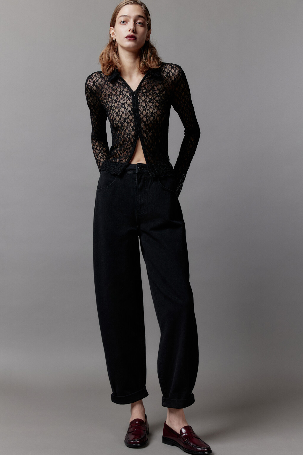 Джинсы-бананы широкие с высокой посадкой - цвет черный - 1