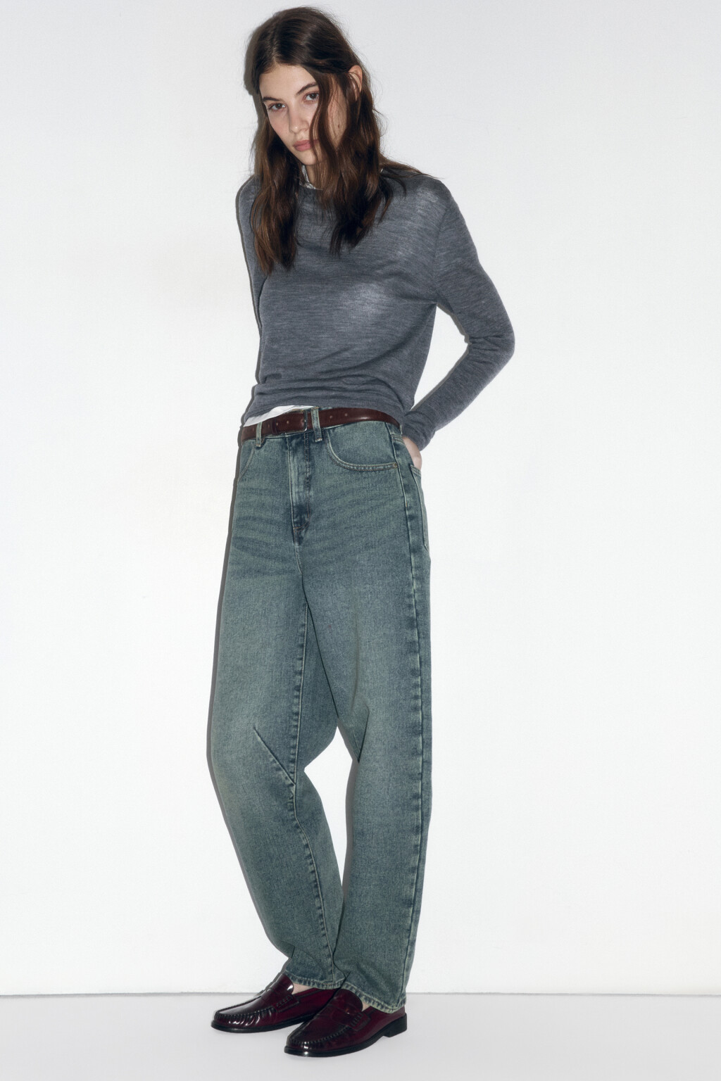 Джинсы-бананы широкие с высокой посадкой - цвет темный тинт - 1