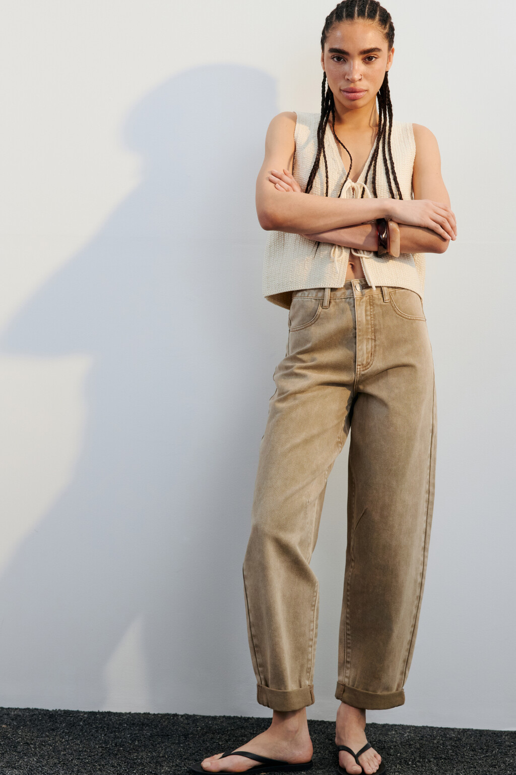 Джинсы-бананы широкие с высокой посадкой - цвет бежевый - 1