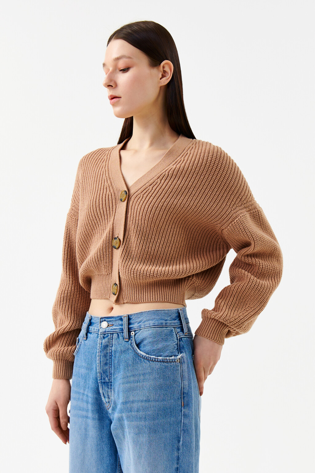 Кардиган хлопковый крупной вязки - цвет бежевый - 3