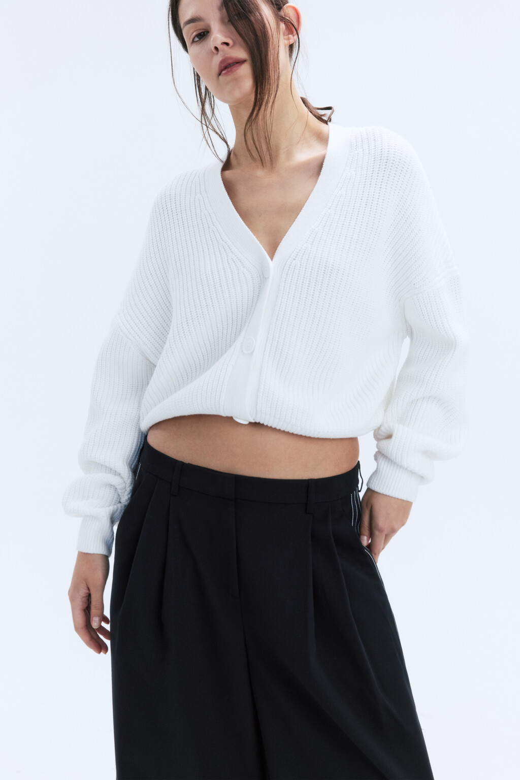 Кардиган на пуговицах вязаный в рубчик - цвет молочный - 1