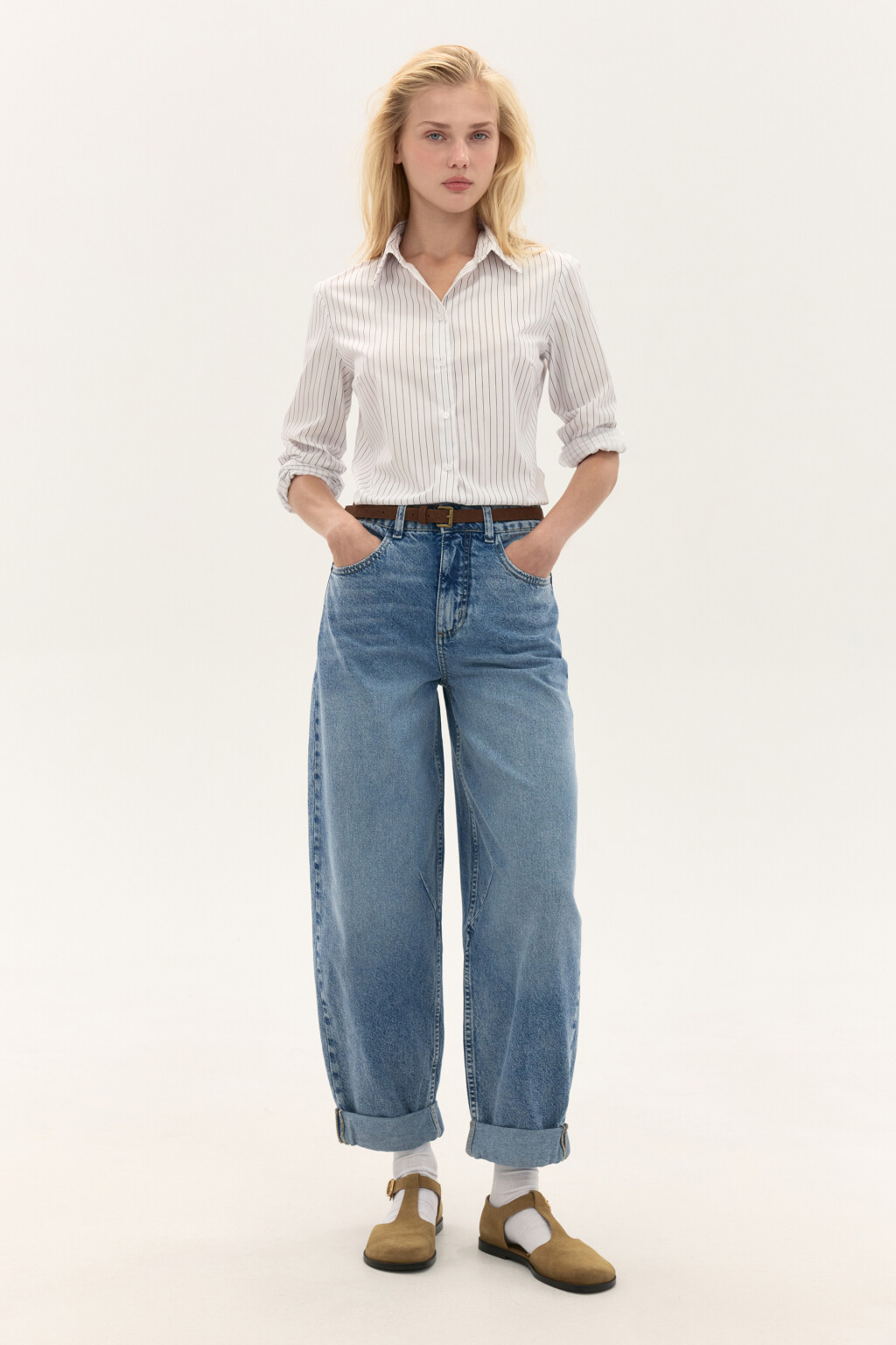 Блузка приталенная в полоску - цвет белый - 4