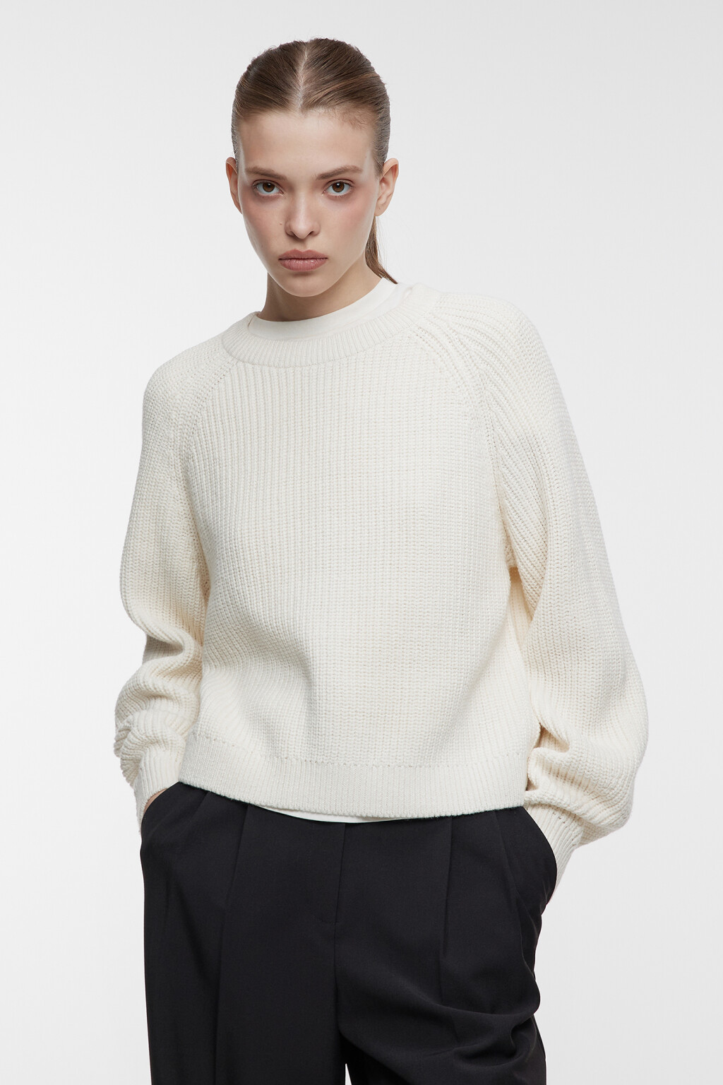 Джемпер свободный вязаный в рубчик с рукавами реглан - цвет бежевый - 1