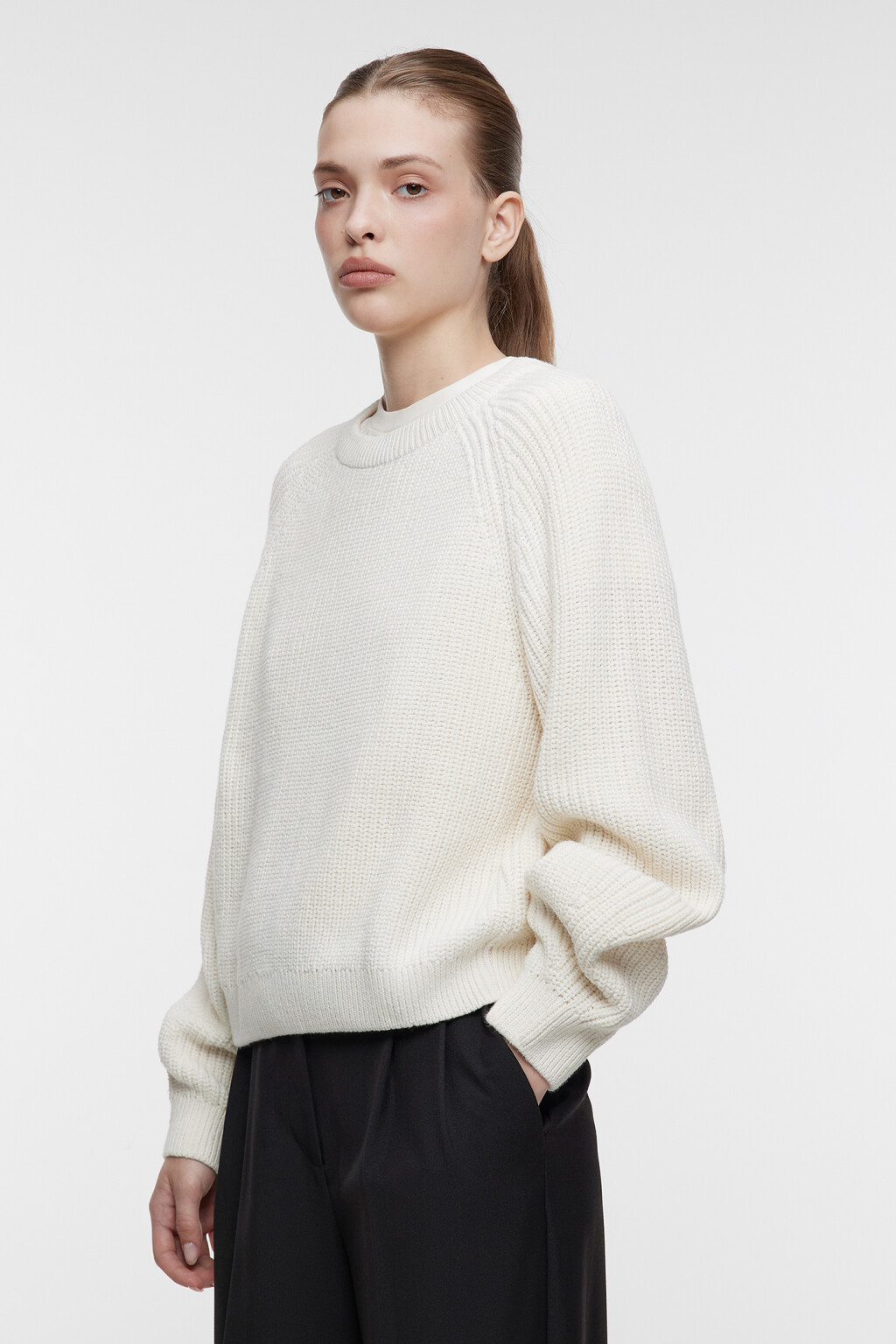 Джемпер свободный вязаный в рубчик с рукавами реглан - цвет бежевый - 2