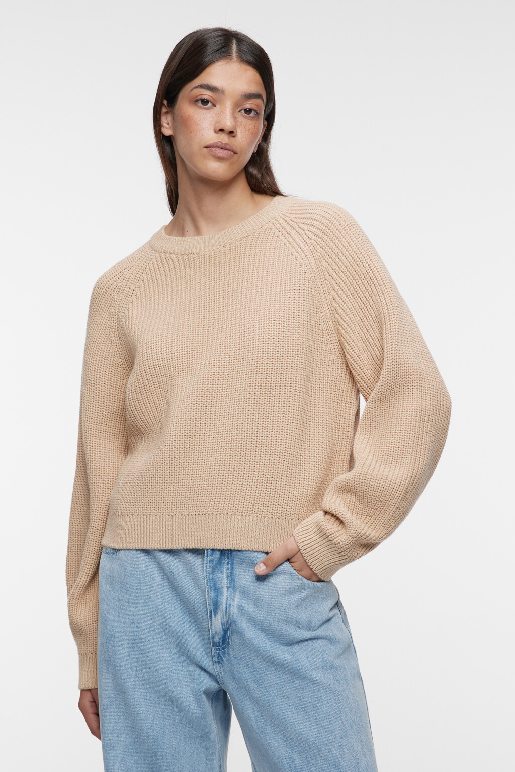 Джемпер свободный вязаный в рубчик с рукавами реглан - цвет бежевый - 2