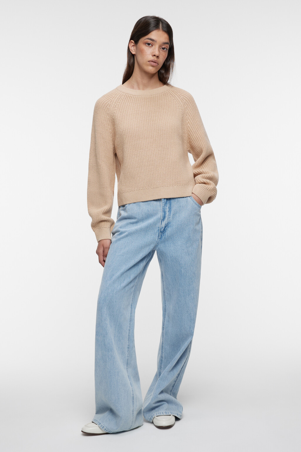 Джемпер свободный вязаный в рубчик с рукавами реглан - цвет бежевый - 1