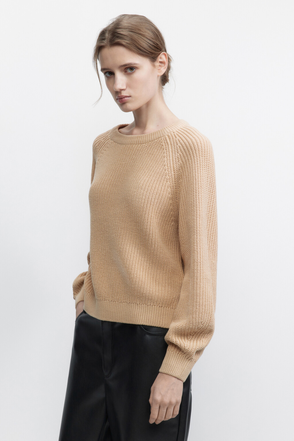 Джемпер вязаный в рубчик с рукавами реглан - цвет бежевый - 3