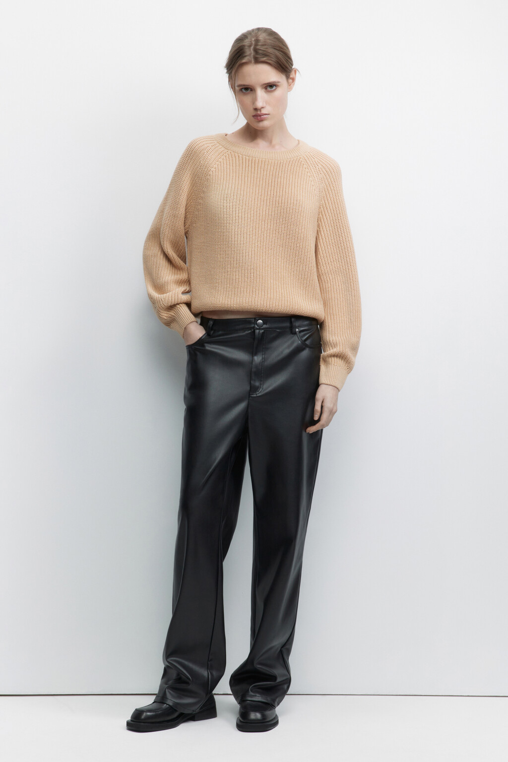 Джемпер вязаный в рубчик с рукавами реглан - цвет бежевый - 5