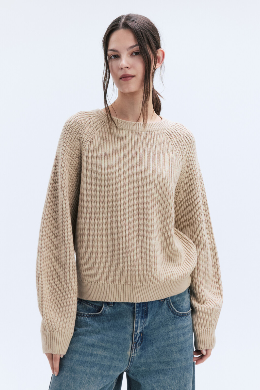 Джемпер вязаный в рубчик с рукавами-реглан - цвет бежевый - 3