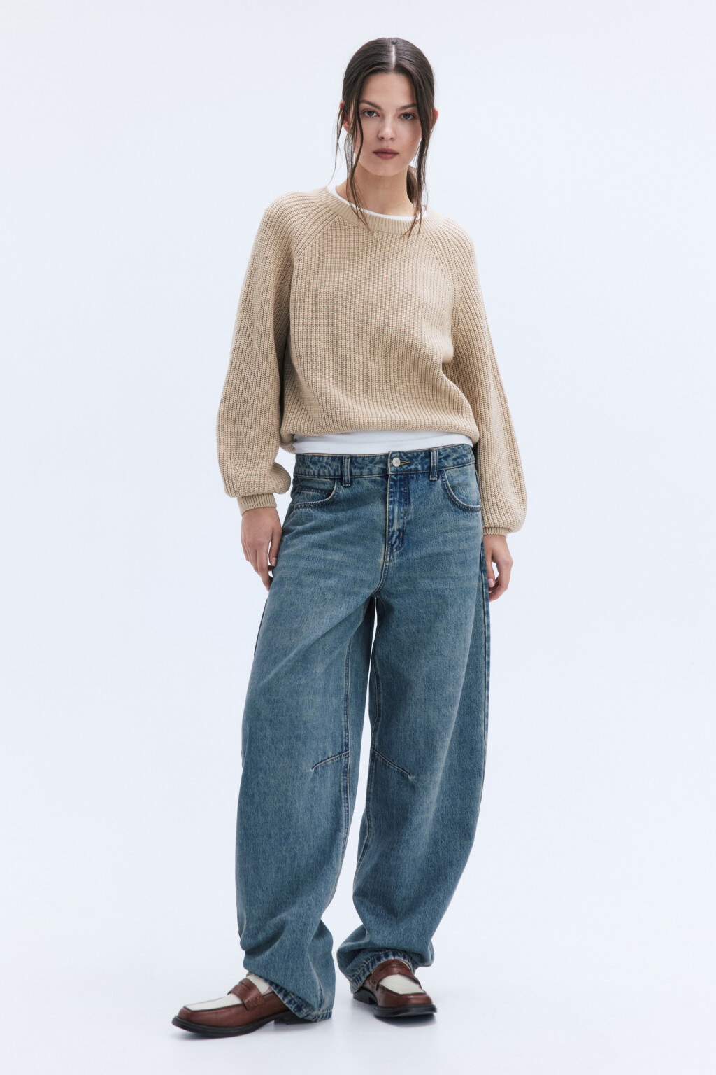 Джемпер вязаный в рубчик с рукавами-реглан - цвет бежевый - 6