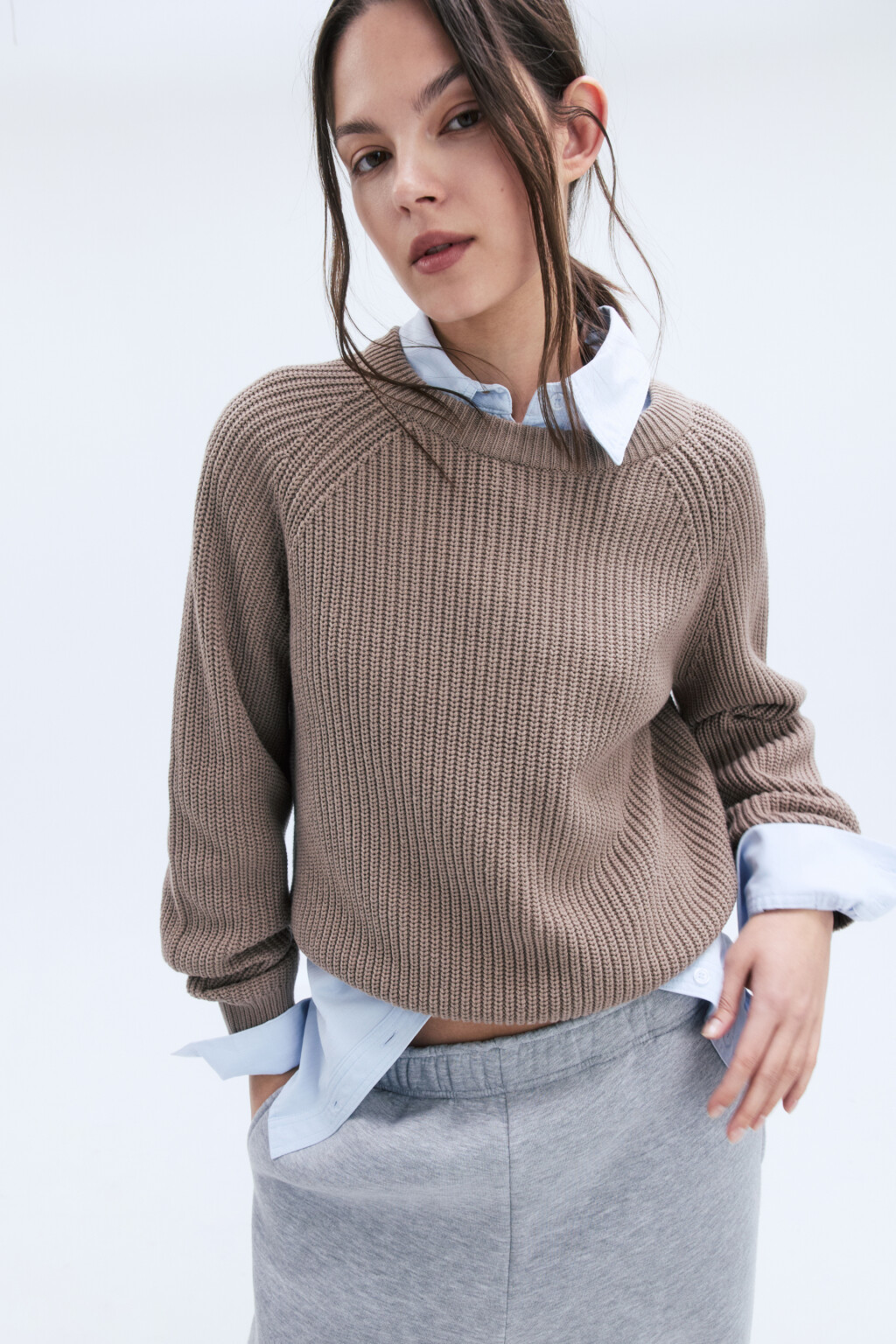 Джемпер вязаный в рубчик с рукавами-реглан - цвет бежевый - 2