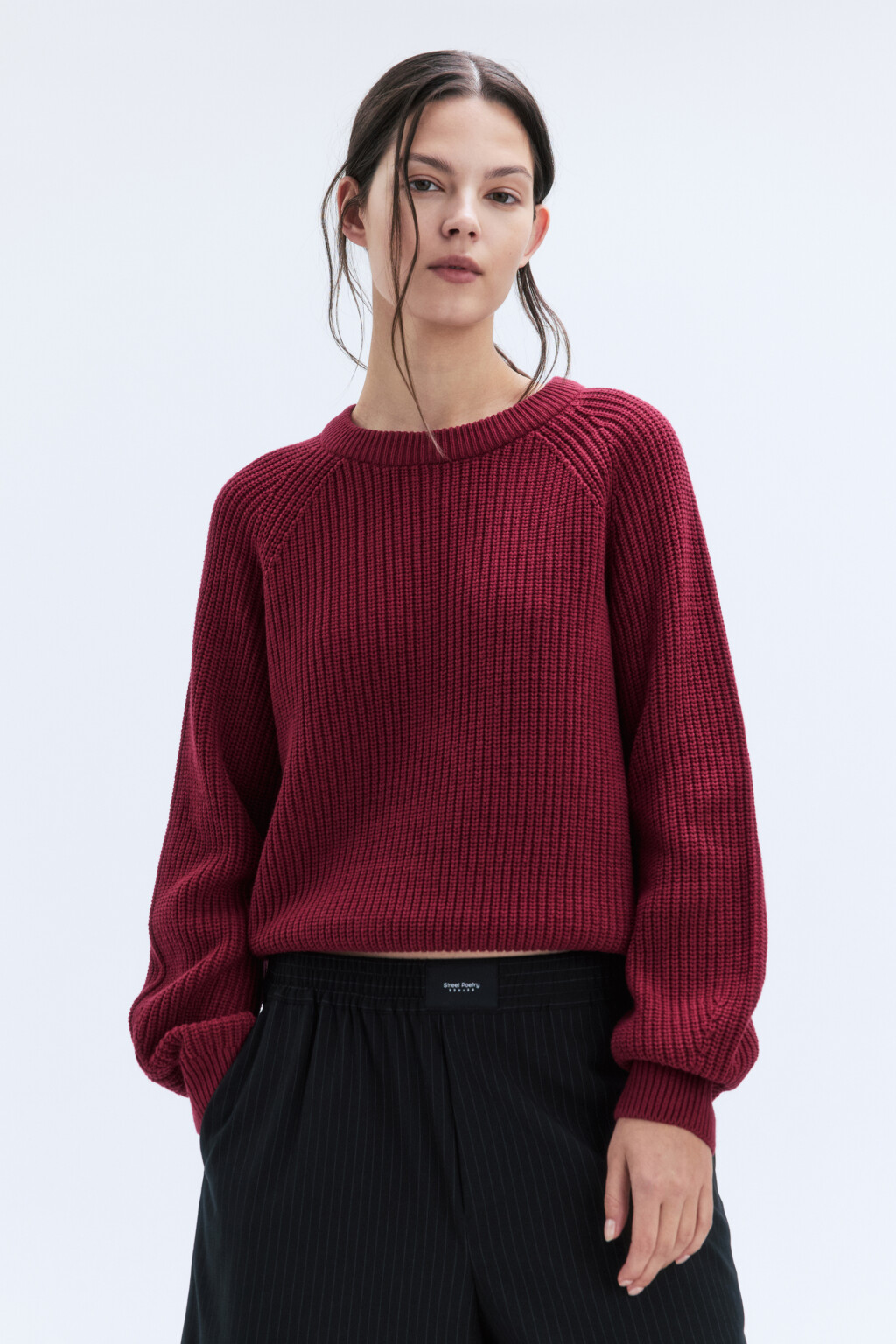 Джемпер вязаный в рубчик с рукавами-реглан - цвет бордовый - 2