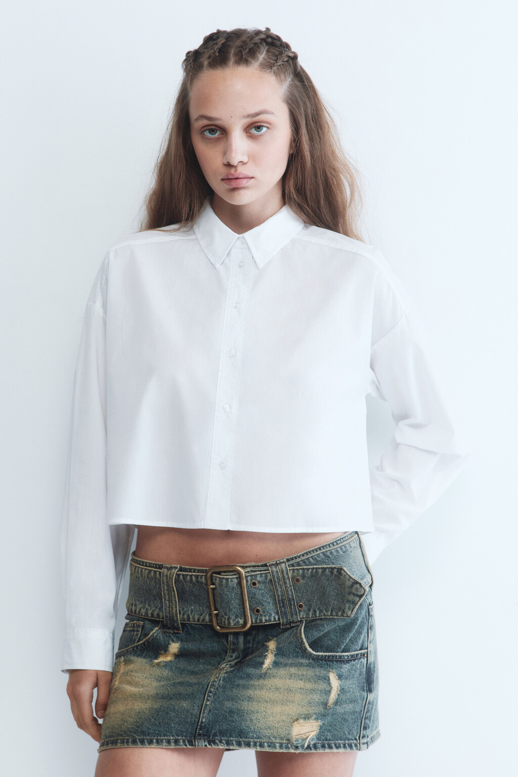 Блузка-рубашка CropShirt укороченная - цвет белый - 2