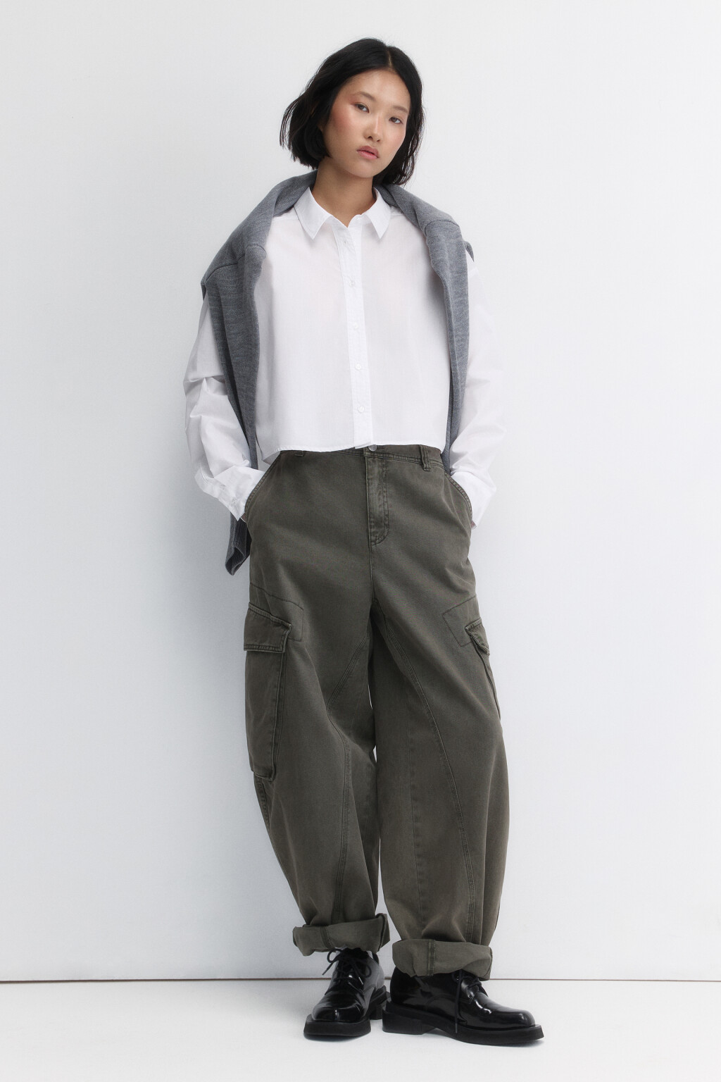 Блузка-рубашка базовая укороченная - цвет белый - 5