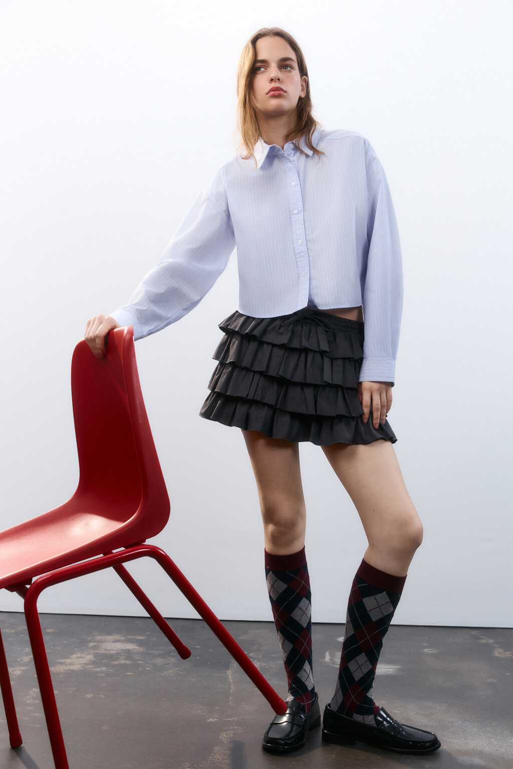 Блузка-рубашка укороченная в полоску - цвет голубой - 2