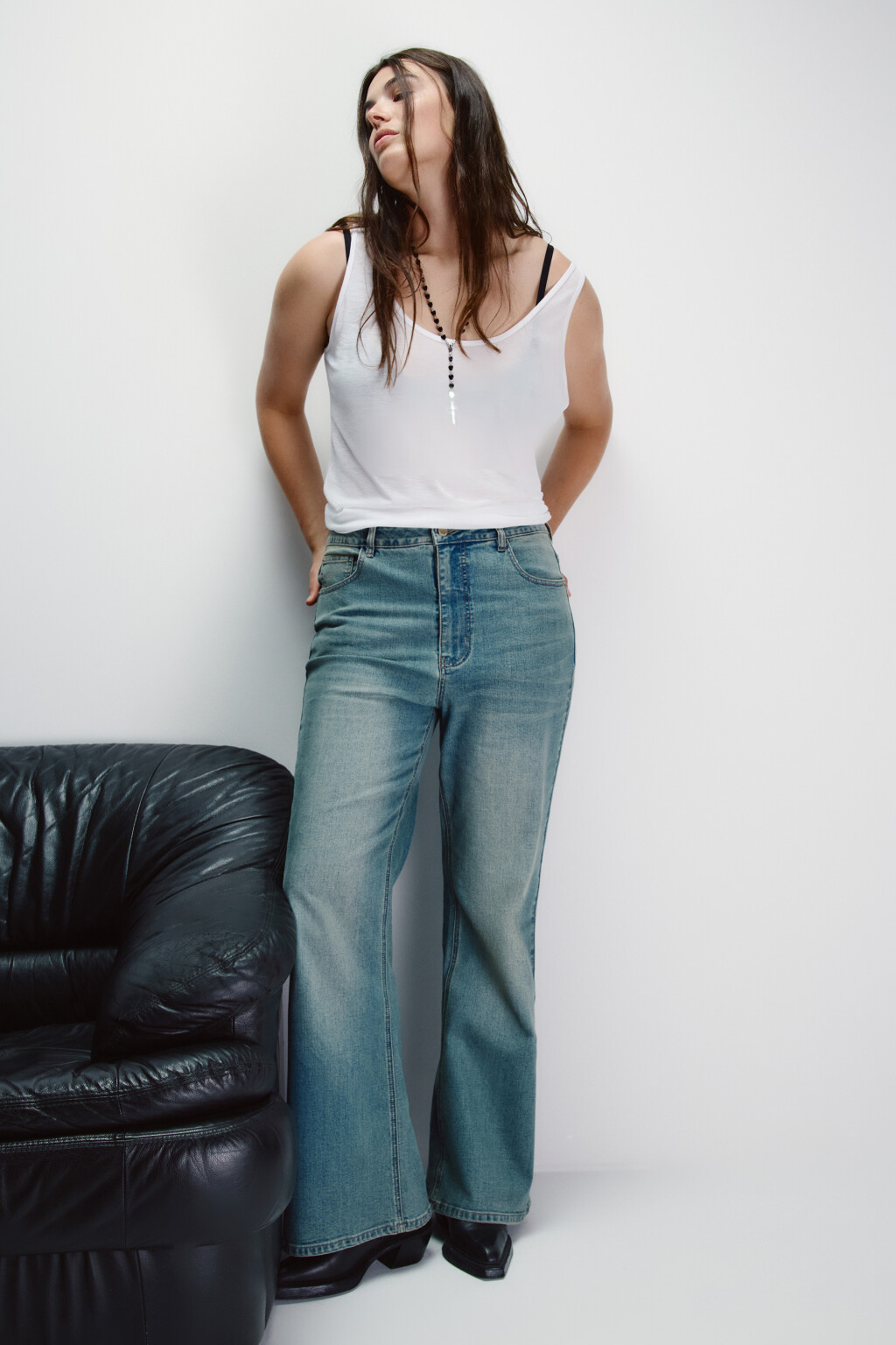 Джинсы клеш с высокой посадкой - цвет синий - 1