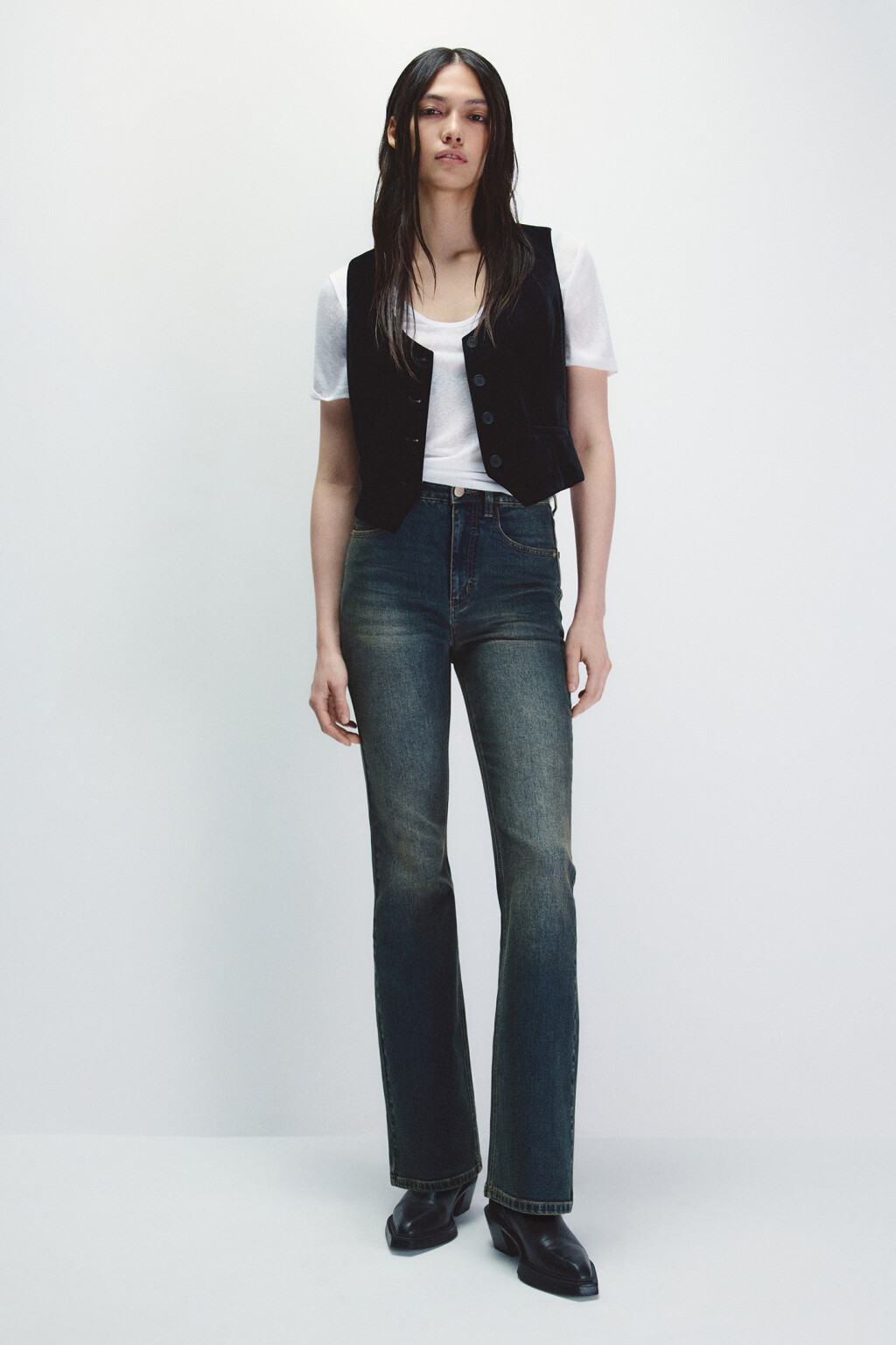 Джинсы клеш с высокой посадкой - цвет темный тинт - 1