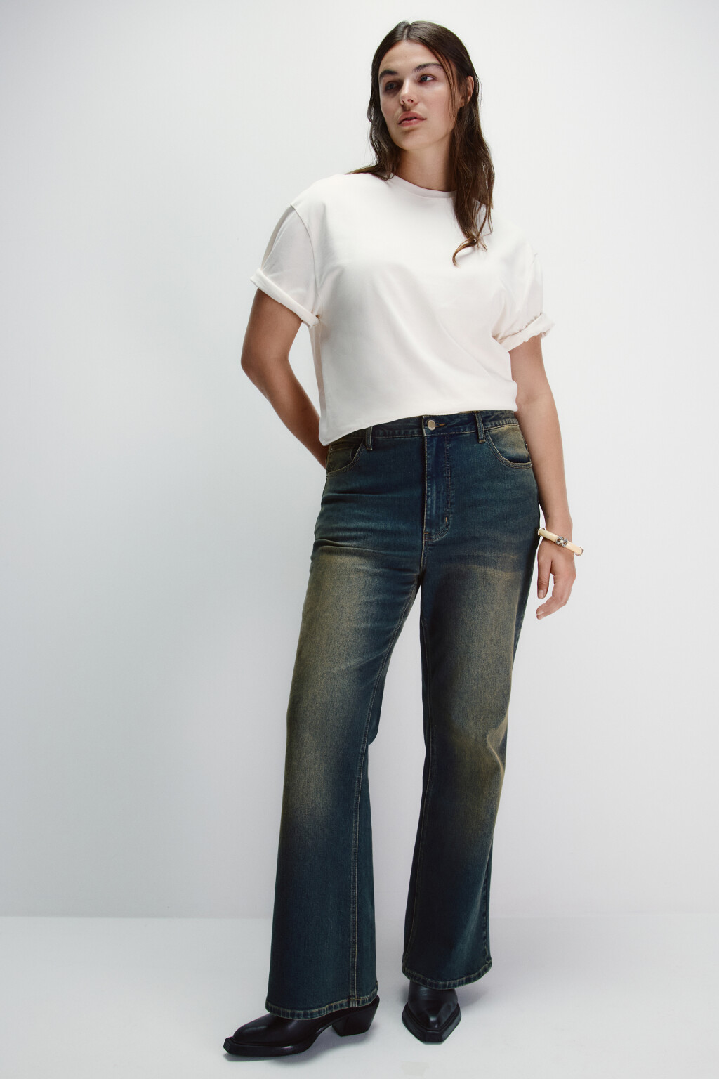 Джинсы клеш с высокой посадкой - цвет темный тинт - 1