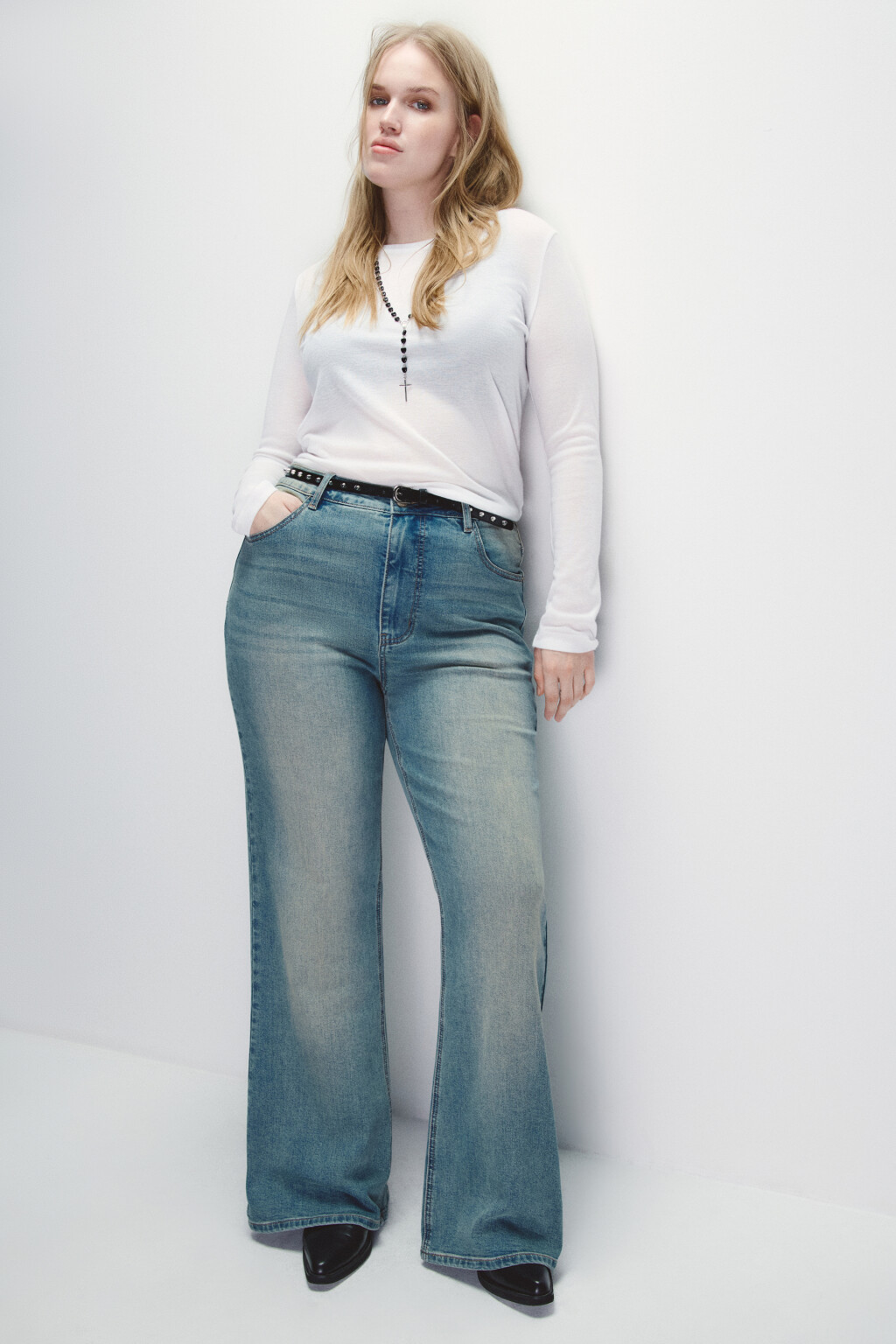 Джинсы клеш с высокой посадкой - цвет синий - 1