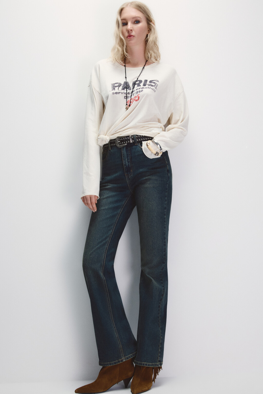 Джинсы клеш с высокой посадкой - цвет темный тинт - 1