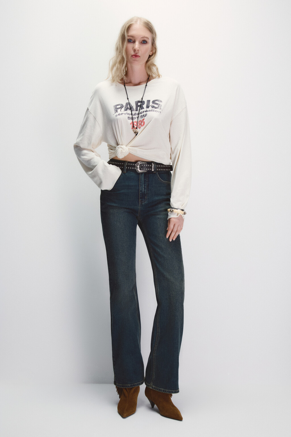 Джинсы клеш с высокой посадкой - цвет темный тинт - 4